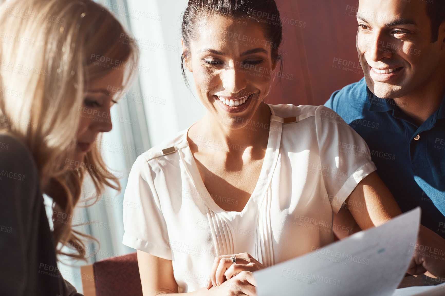 Buy stock photo Teamwork, document and business people with strategy, smile and creative idea for story in office. Meeting, paperwork and content writer in workplace for feedback, collaboration or article review