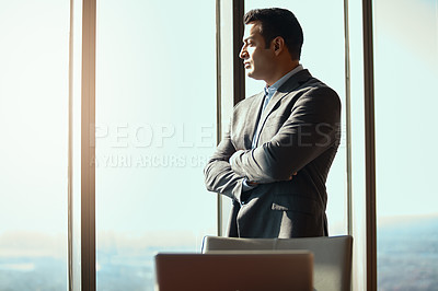 Buy stock photo Business man, office window and thinking of ideas, plan or vision in city building. Professional male executive with arms crossed for motivation or inspiration for corporate career and development