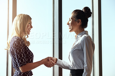 Buy stock photo Business, women and handshake in office for agreement, vendor and trade collaboration for partnership. Contract managers, shaking hands and happy for company, negotiation and supply chain deal.