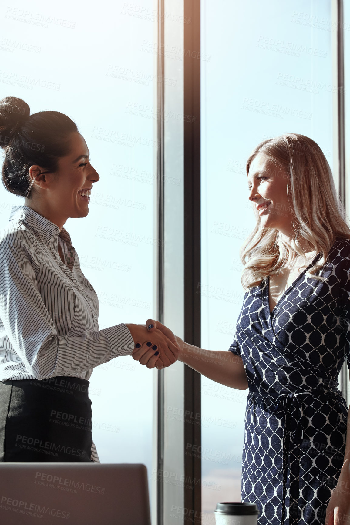 Buy stock photo Business, women and shake hands in office for deal, vendor and trade collaboration for partnership. Contract managers, handshake and happy for company, negotiation and supply chain agreement.