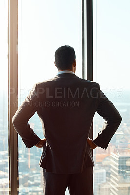 Buy stock photo Thinking, building window and a business man with ideas, vision or plan for cityscape. Professional male entrepreneur with hands on hips for dream, growth and corporate development from behind
