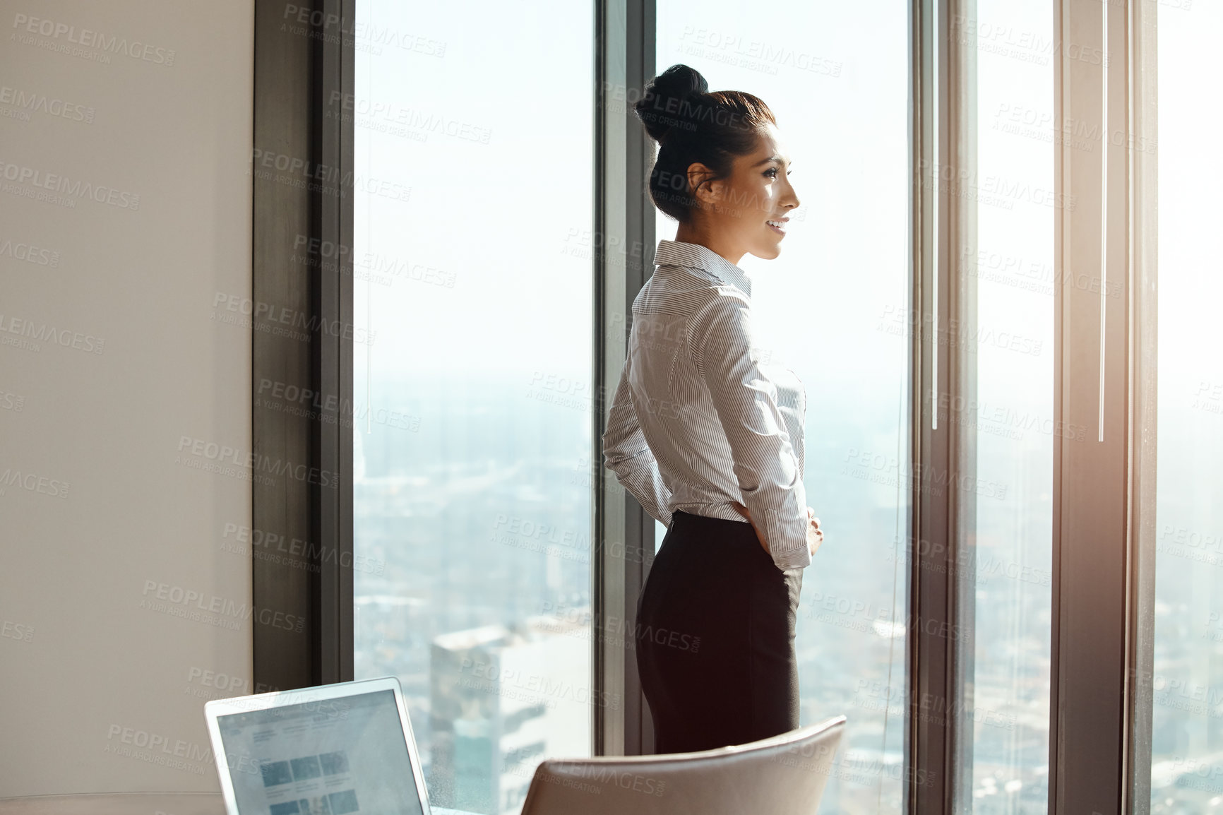 Buy stock photo Window, thinking and woman in office, accountant and decision with corporate success. Person, view and financial advisor with positive mindset, career ambition or company development with confidence