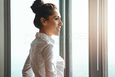 Buy stock photo Investor, thinking and woman in office, window and decision with corporate professional and solution. Business owner, view and accountant with positive mindset, career ambition or company development