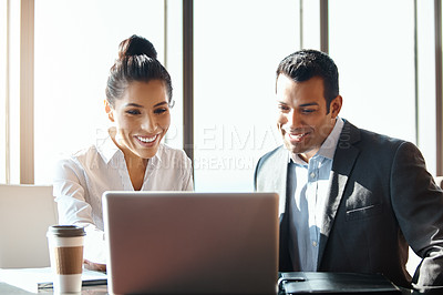 Buy stock photo Businessman, woman and smile with laptop in office for real estate partnership, meeting and conversation on due diligence. Investors, tech and talking on return of investment and property valuation.