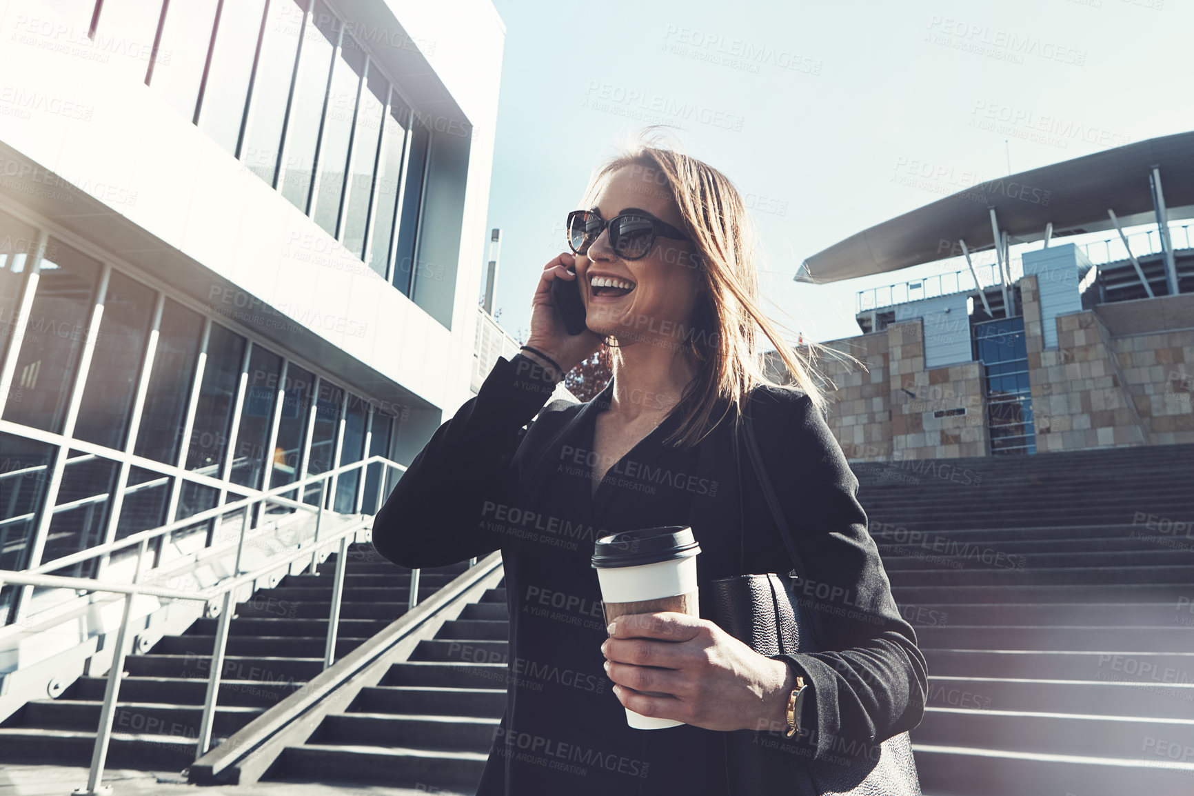 Buy stock photo Corporate, woman and phone call on stairs in outdoor for work schedule, city updates and deadline management. Female employee, smartphone and networking for feedback, problem solving and sales report