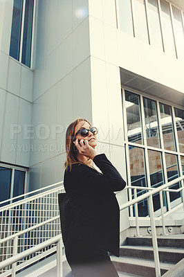 Buy stock photo Business, woman and portrait with phone call on stairs for work schedule, office updates and deadline management. Female employee, city and networking for feedback, problem solving and sales report.