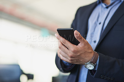 Buy stock photo Businessman, hands and phone for networking client in office, reading news update and communication. Male person, lawyer typing and chat to attorney on legal case, research law and email in workplace