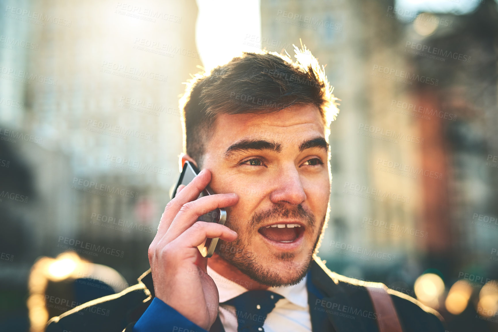 Buy stock photo City, talking and business man with phone call for chatting, communication and networking in urban town. Face, salesman and walking with cellphone for speaking, multitasking and listen to contact