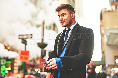 Buy stock photo Businessman, phone and morning commute in city, street and email contact for networking. Male person, outdoor and journey to work in urban town, professional lawyer and app for communication on trip