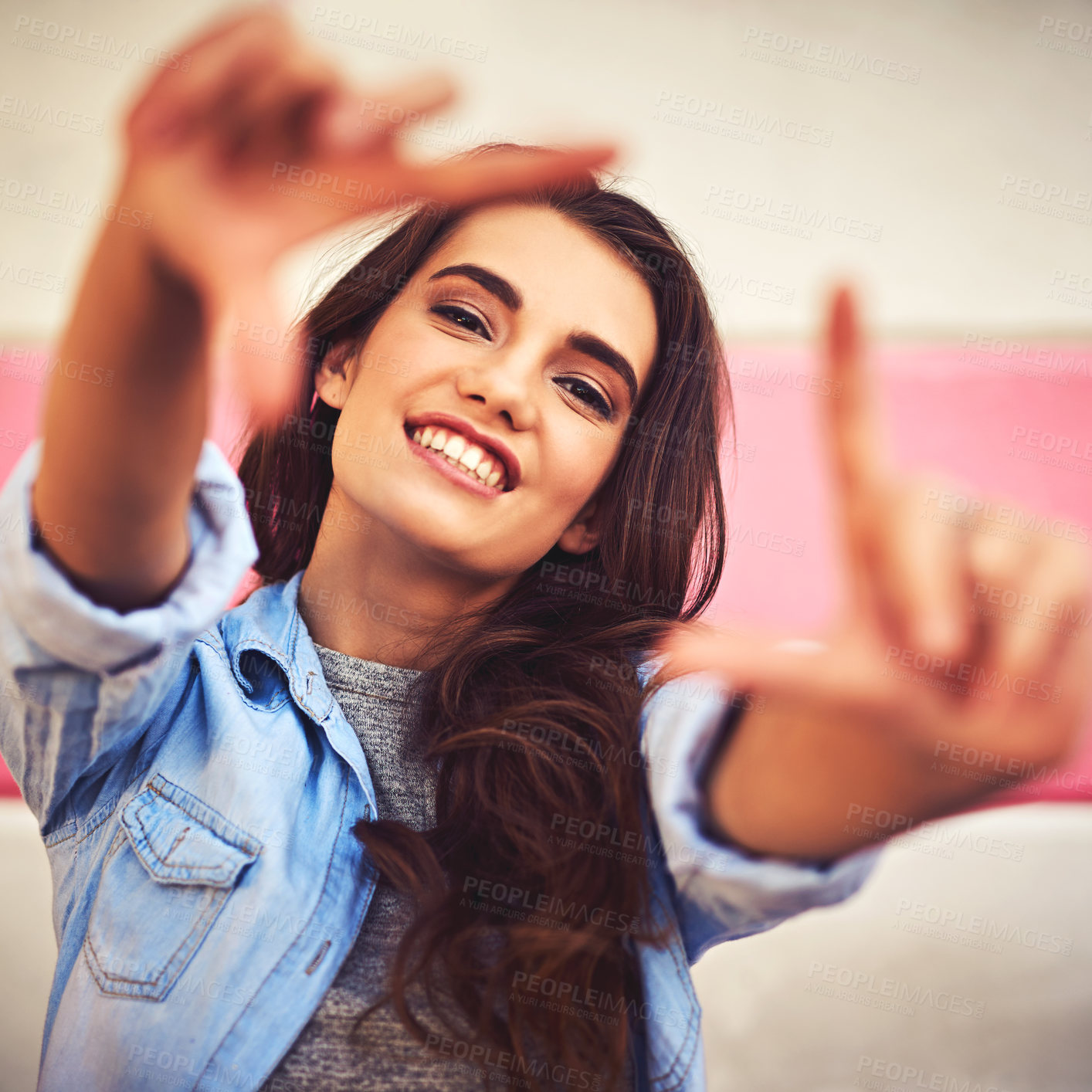 Buy stock photo Portrait, hands and woman in city, selfie and happiness, with social media, photography and capture moment. Face, person or girl with wall background, gesture and excited for memory, picture or frame