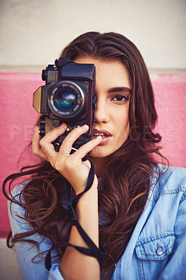 Buy stock photo Outdoor, woman and portrait with digital camera for photography, fashion and trends in France. Female person, confidence and serious at city or town for streetwear, swag and style for social media