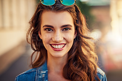 Buy stock photo Portrait of a beautiful young woman in the city