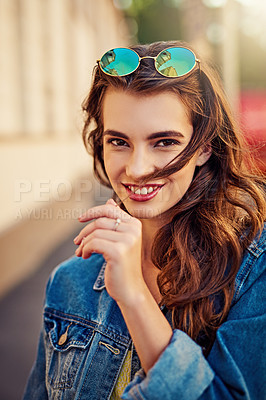 Buy stock photo Woman, portrait and happy in city for travel, adventure and holiday as tourist with sunglasses. Female person, face and smile in urban town for getaway trip, explore and vacation as tourism in Madrid