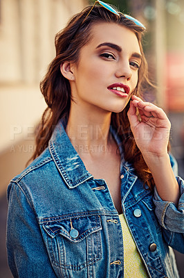 Buy stock photo Portrait of a beautiful young woman in the city