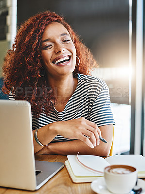 Buy stock photo Remote work, portrait and woman in cafe with computer, research and planning for news publication. Restaurant, self employed and content writer with ideas for article, freelance and book by laptop