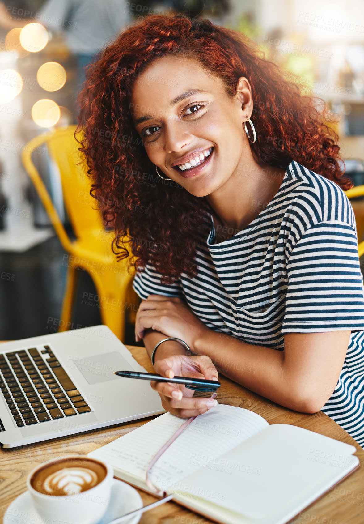 Buy stock photo Remote work, portrait and woman in cafe with book, computer and planning for news publication. Restaurant, self employed and content writer with ideas for article, freelance and pen by laptop