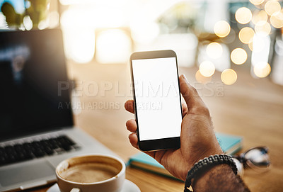 Buy stock photo Mockup, closeup and hand with a smartphone, cafe and connection for social media, screen and relax. Male person, technology and guy with a cellphone, coffee shop and mobile app for communication
