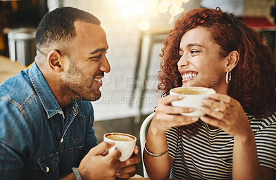 Buy stock photo Coffee, laughing and couple on date in cafe for morning catch up together with relationship bonding. Love, happy and young woman and man drinking cappuccino for romance connection in restaurant diner