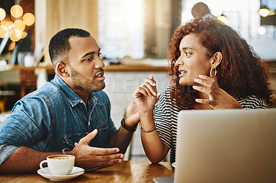 Buy stock photo People, couple or talking with laptop in cafe for online banking, digital payment or inflation research. Serious, partner or conversation with financial discussion for debt, finance planning or bills