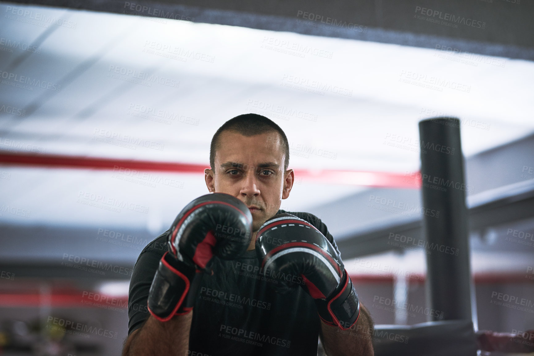 Buy stock photo Cropped portrait of a young male athlete training inside a boxing ring