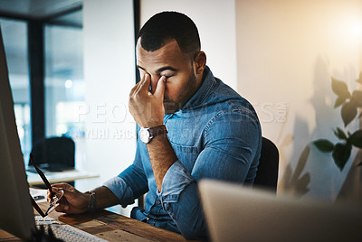 Buy stock photo Burnout, headache and man in the office while working on a deadline project with eye strain at night. Stress, migraine and professional male employee doing research on computer in workplace overtime.