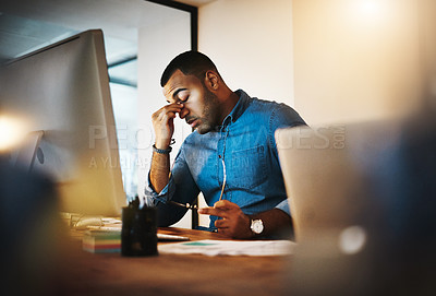 Buy stock photo Headache, tired and businessman working in the office with eye strain from the computer or technology. Burnout, migraine and professional male employee doing research on a desktop in the workplace.