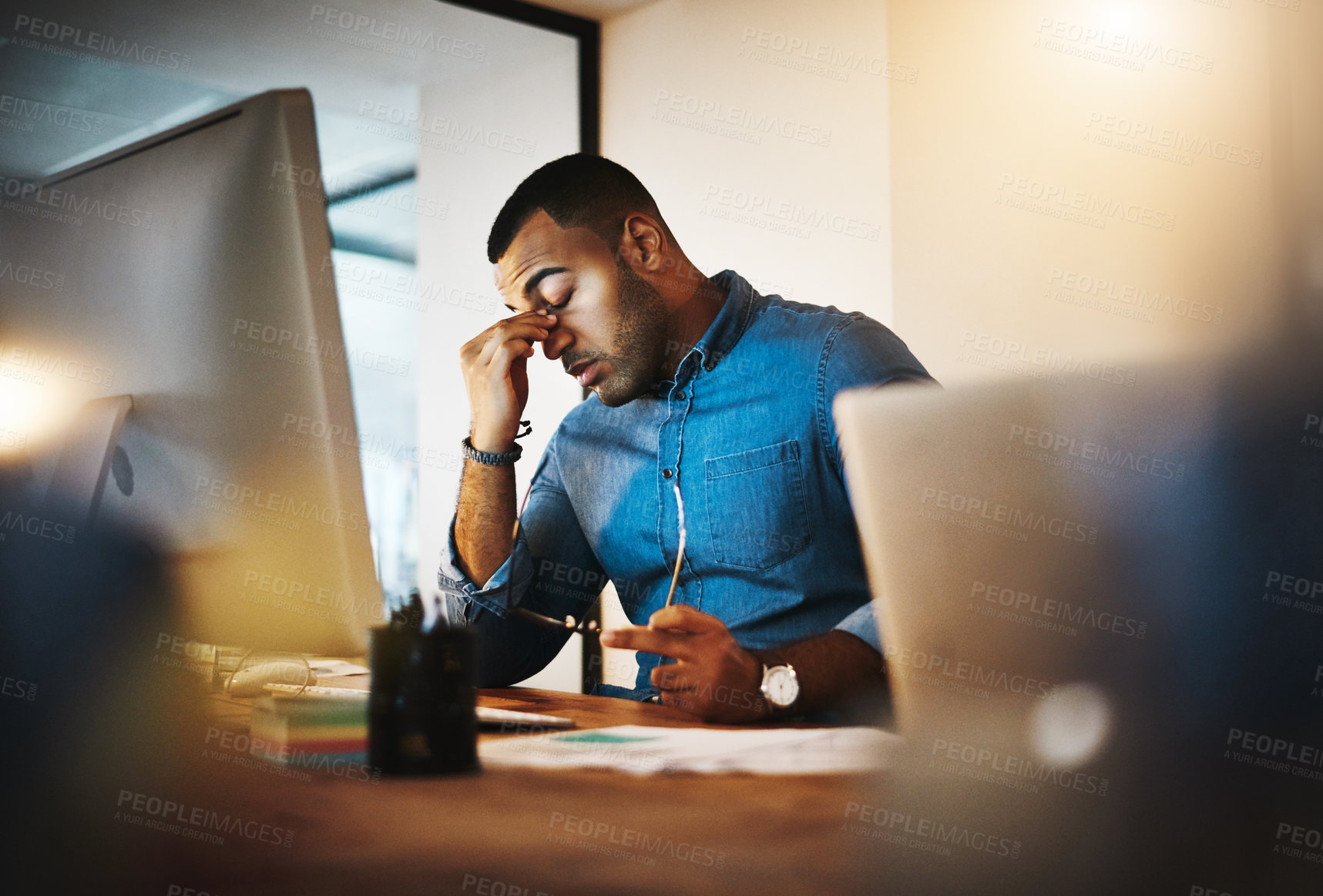 Buy stock photo Headache, tired and businessman working in the office with eye strain from the computer or technology. Burnout, migraine and professional male employee doing research on a desktop in the workplace.