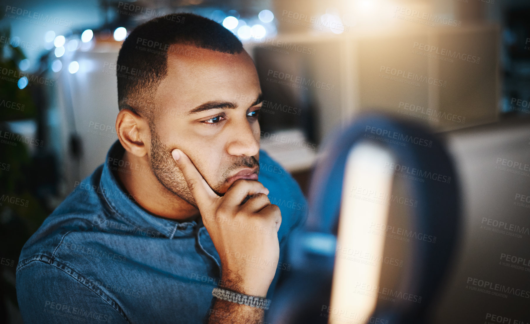 Buy stock photo Businessman, thinking and night with computer for research, project deadline or business decision at office. Man or employee working late on PC in wonder, thought or idea for online browsing at desk