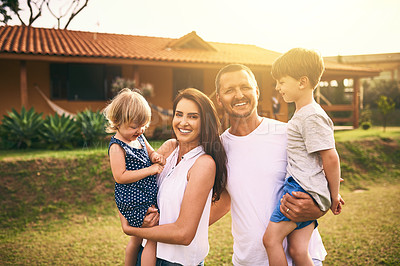 Buy stock photo Family, bonding and garden with father, mother and kids with happiness and new home. Outdoor, mockup and lens flare of a mom, dad and children together on a lawn and backyard with a smile and care