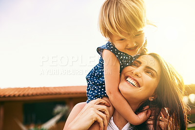 Buy stock photo Happy mother, piggyback or kid playing on mockup for fun bonding in summer outside house in nature. Mom carrying on shoulder a playful girl child playground outdoors with happiness of family together