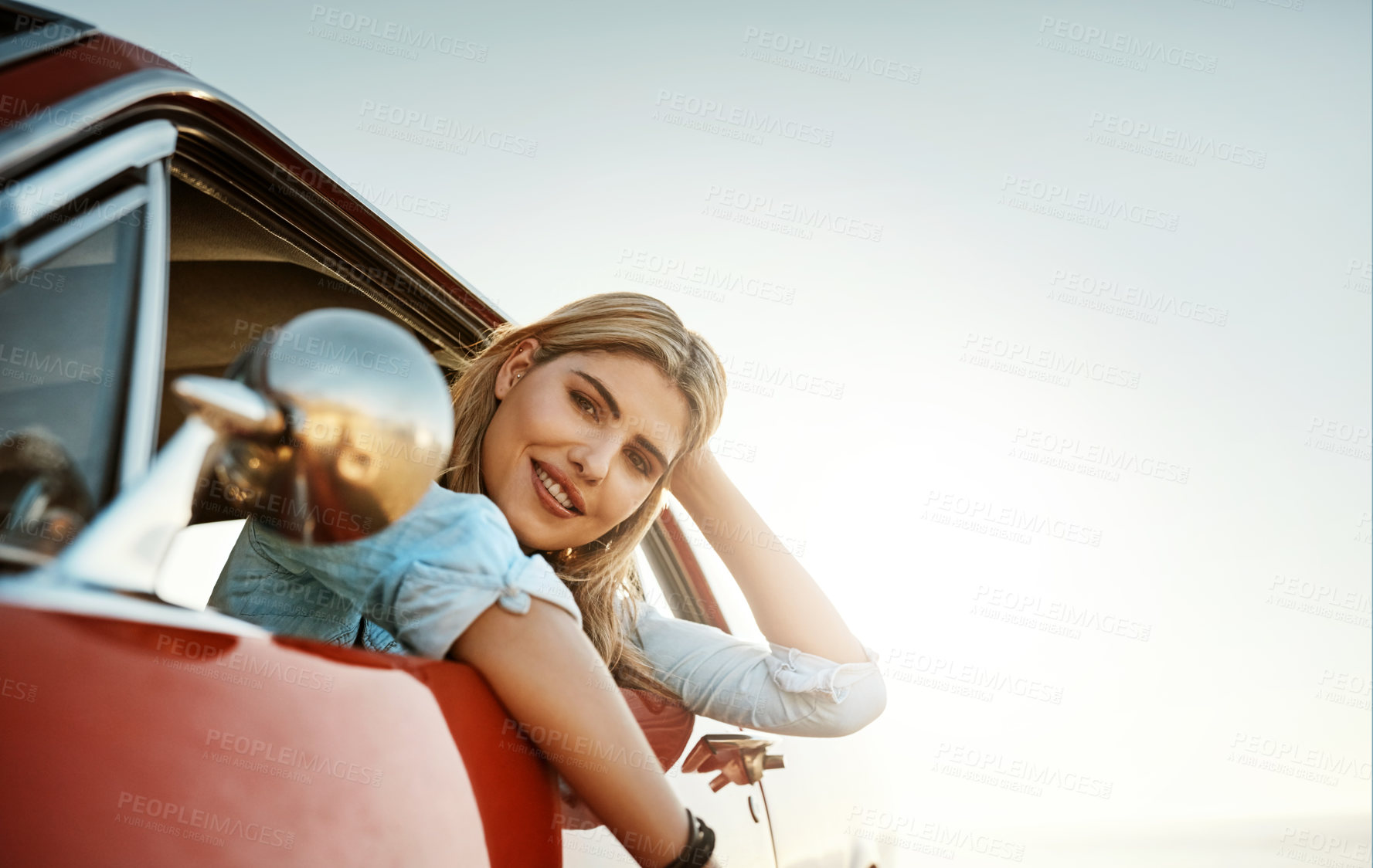 Buy stock photo Portrait of a beautiful young woman going on a summer’s road trip