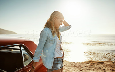 Buy stock photo Woman, journey and happy outside or summer, weekend break and car travel or cross country road trip in America. Relax, vehicle and carefree holiday or female person in sunshine, explore and adventure