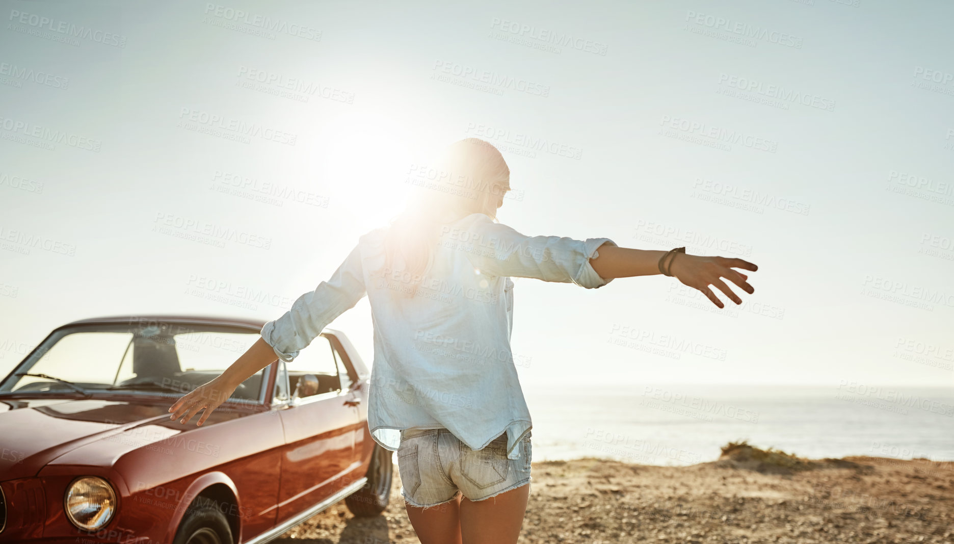 Buy stock photo Woman, back and car with freedom for summer travel, coastal holiday and stop for rest. Girl, transport and relax for ocean vacation with wellness, outdoor journey and road trip for weekend adventure