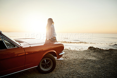 Buy stock photo Road trip, girl and thinking with beach, sunset and view for Miami holiday and vacation. Muscle car, hood and adventure with idea, freedom and summer for driving and journey with ocean sightseeing