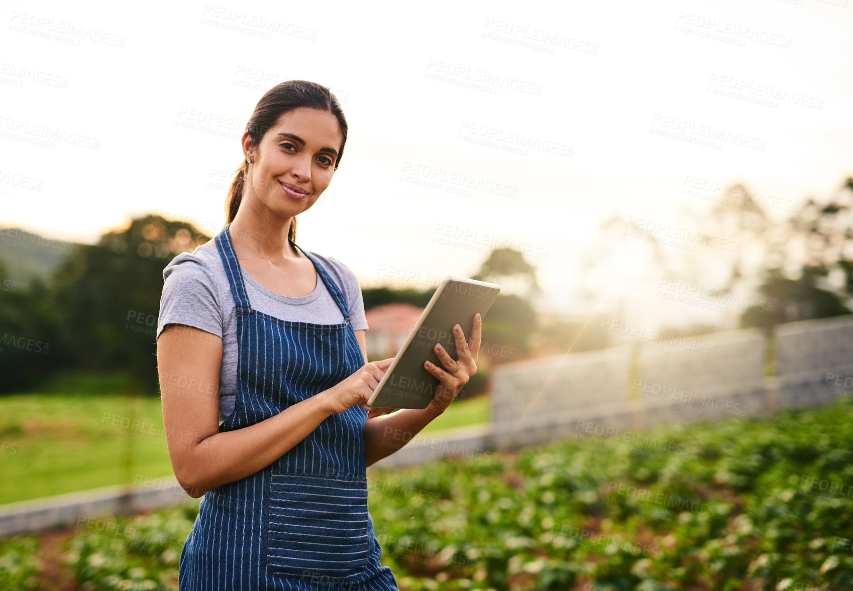 Buy stock photo Portrait of an attractive young woman using a tablet while working on her farm