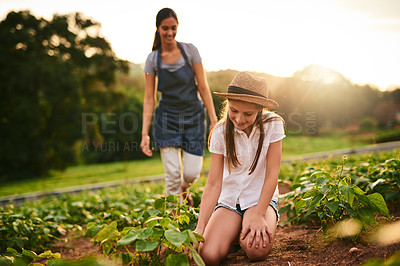 Buy stock photo Farm, crops and woman with child, outdoor and soil analysis with mom, environment and smile for growth. Agriculture, helping and preparation for harvest, sustainable and parent with kid and family