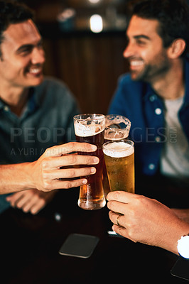 Buy stock photo Beer, cheers and man hands drinking with friends at social event in a restaurant with happiness. Alcohol, glasses and toast at a pub at happy hour with smile and talk with drinks and celebration 