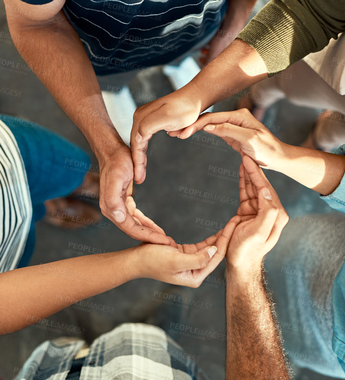 Buy stock photo Creative business people, hands together and circle for collaboration, connection or partnership above office. Group, employee or flow hand shape in team building, motivation or meeting for support