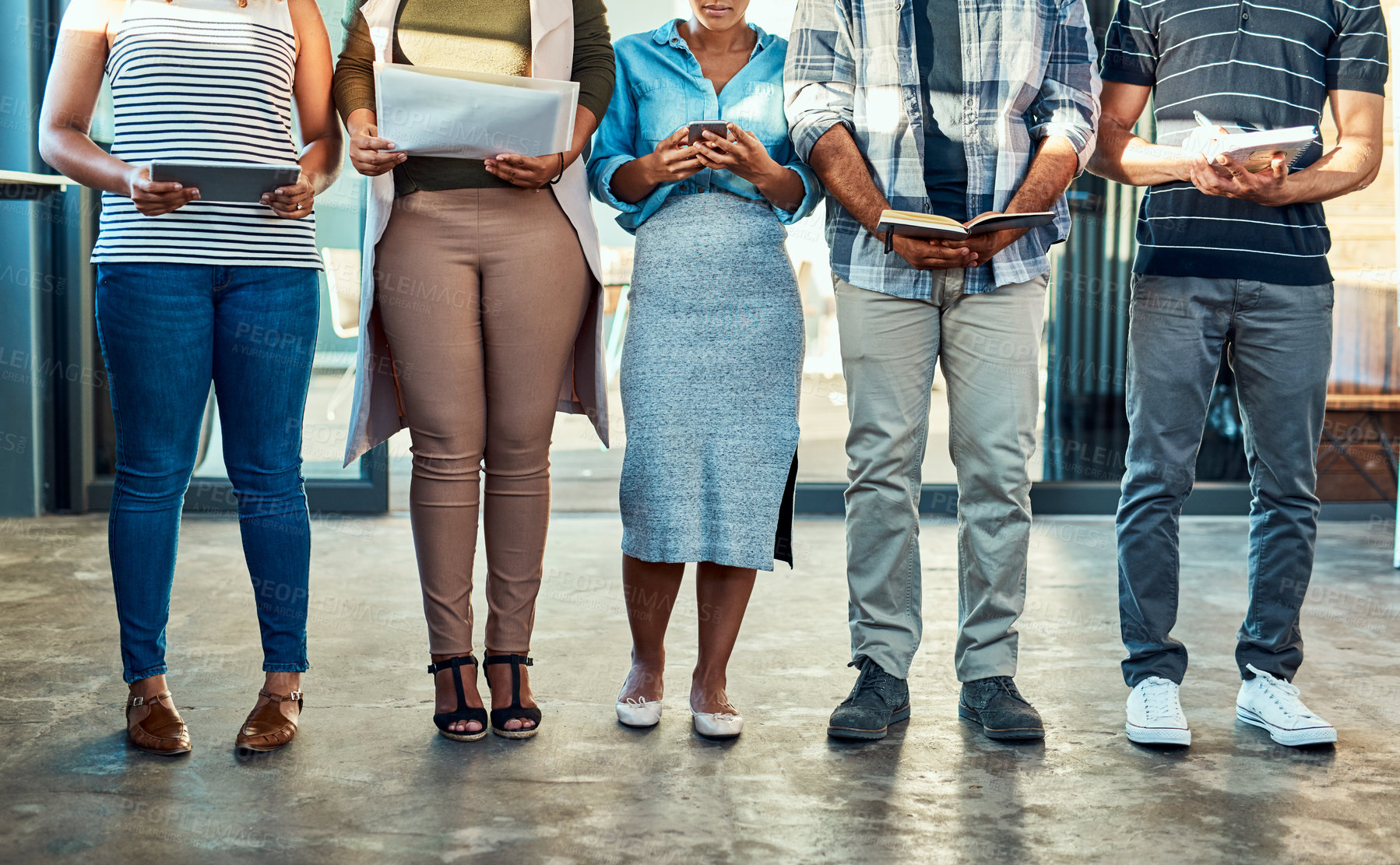 Buy stock photo People, legs and waiting room with line for job opportunity, interview or career recruitment at office. Interns, group or row with creative candidates for internship, queue or recruiting and hiring