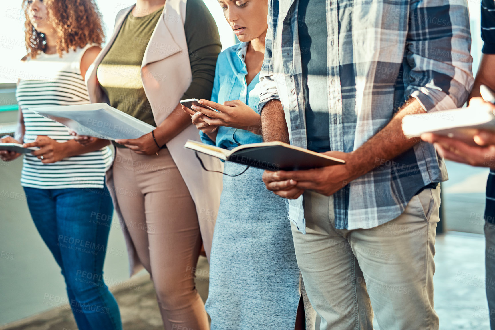 Buy stock photo People, hands and waiting room with line for job opportunity, interview or career recruitment at office. Group, row and creative candidates for internship with queue or recruiting and hiring