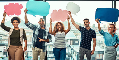 Buy stock photo Diversity, business people and speech bubbles for interview, onboarding and feedback in creative workplace. Comic, happy employees and coworkers with recruitment, opinion or collaboration for mockup