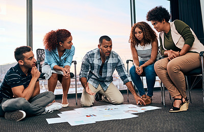 Buy stock photo Diversity, business people and documents for collaboration, project and feedback in creative workplace. Planning, happy employees and coworkers with partnership, opinion or discussion in agency