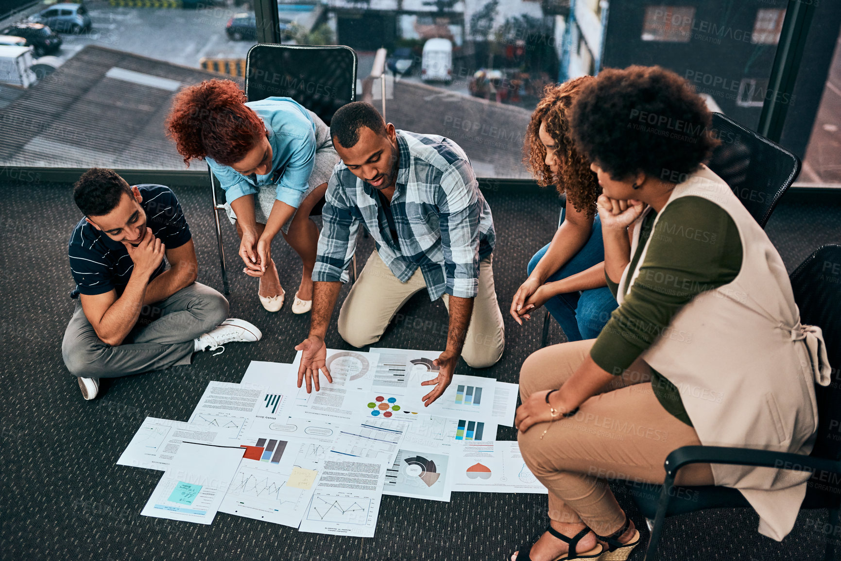 Buy stock photo Planning, business people and documents for collaboration, project and feedback in creative workplace. Diversity, happy employees and coworkers with partnership, opinion or discussion in agency