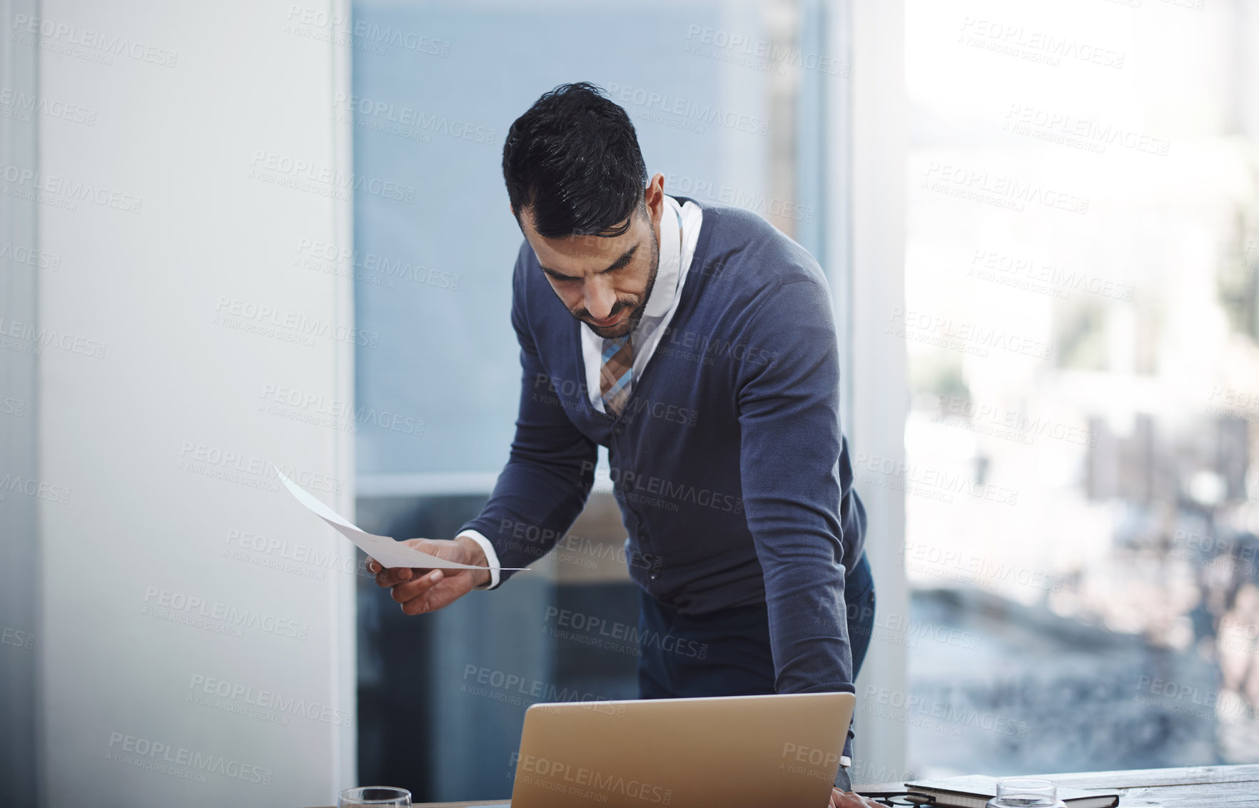 Buy stock photo Businessman, laptop and plan in office with advisor for investment decision, project ideas and document. Risk management, male person and thinking for financial strategy or problem solving paperwork