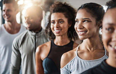 Buy stock photo Friends, happy and row of people in gym for fitness, exercise and training in sports club. Thinking, athlete and men and women for wellness, health and workout class for progress, challenge or target