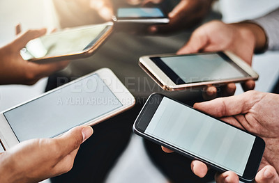 Buy stock photo Cellphone, mockup and hands of friends in group for networking on social media, mobile app or internet. Technology, contact and people in circle with phone for connectivity or notification on screen.