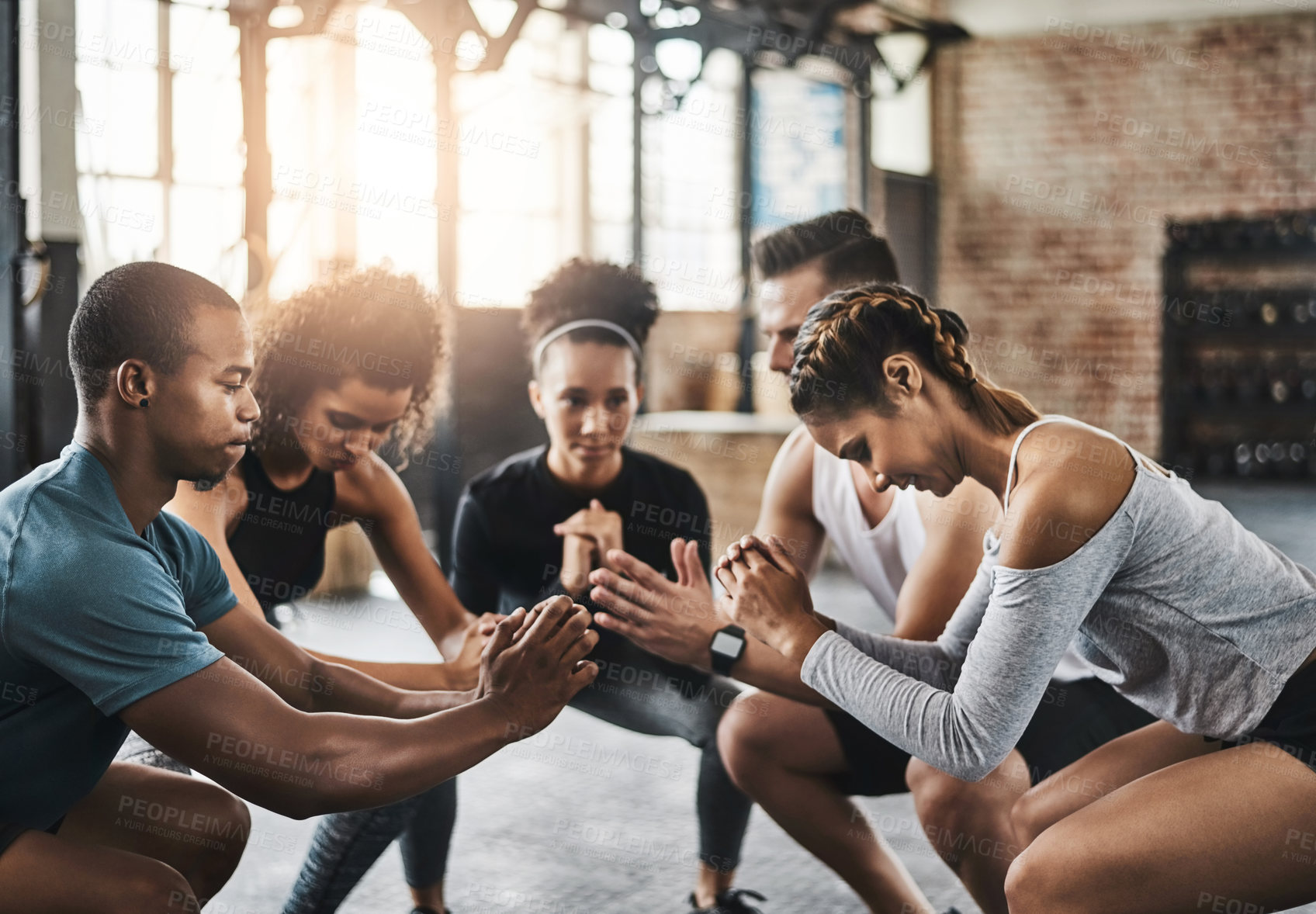 Buy stock photo People, exercise and squat in group at gym for workout, core fitness or training together indoors. Diverse class, friends and warm up for muscle, session or sport for health challenge in gymnasium