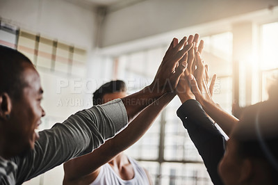Buy stock photo Fitness, teamwork and high five of people in gym for motivation, support and target. Workout, exercise and training with hands of friends in sports center for team building, challenge and achievement