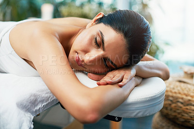 Buy stock photo Woman, sleep and beauty in spa for wellness, resting and relaxation in hotel resort for self care service. Comfortable, massage table and peaceful female client, zen and pamper and body treatment