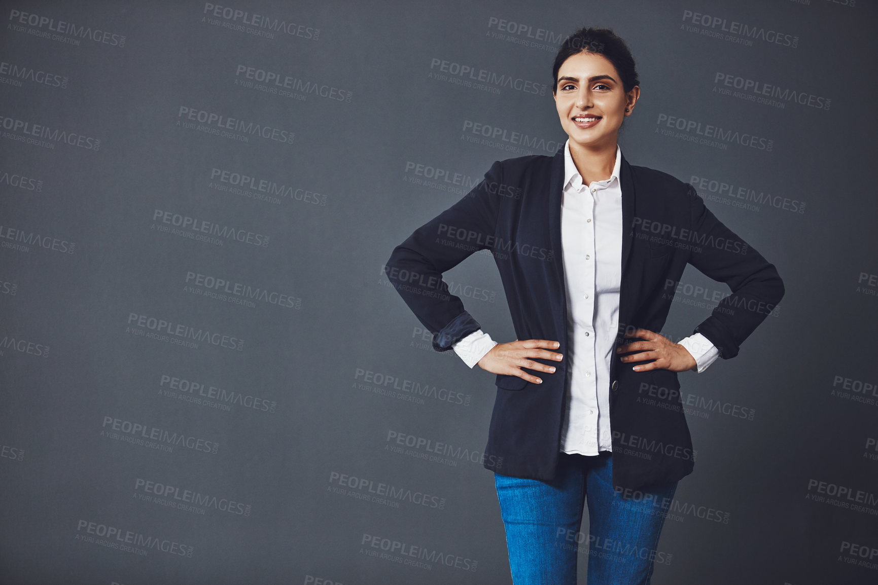 Buy stock photo Happy woman, portrait and studio with confidence for business fashion on a gray background. Female person, model or employee with smile for semi formal outfit or clothing style on mockup space 